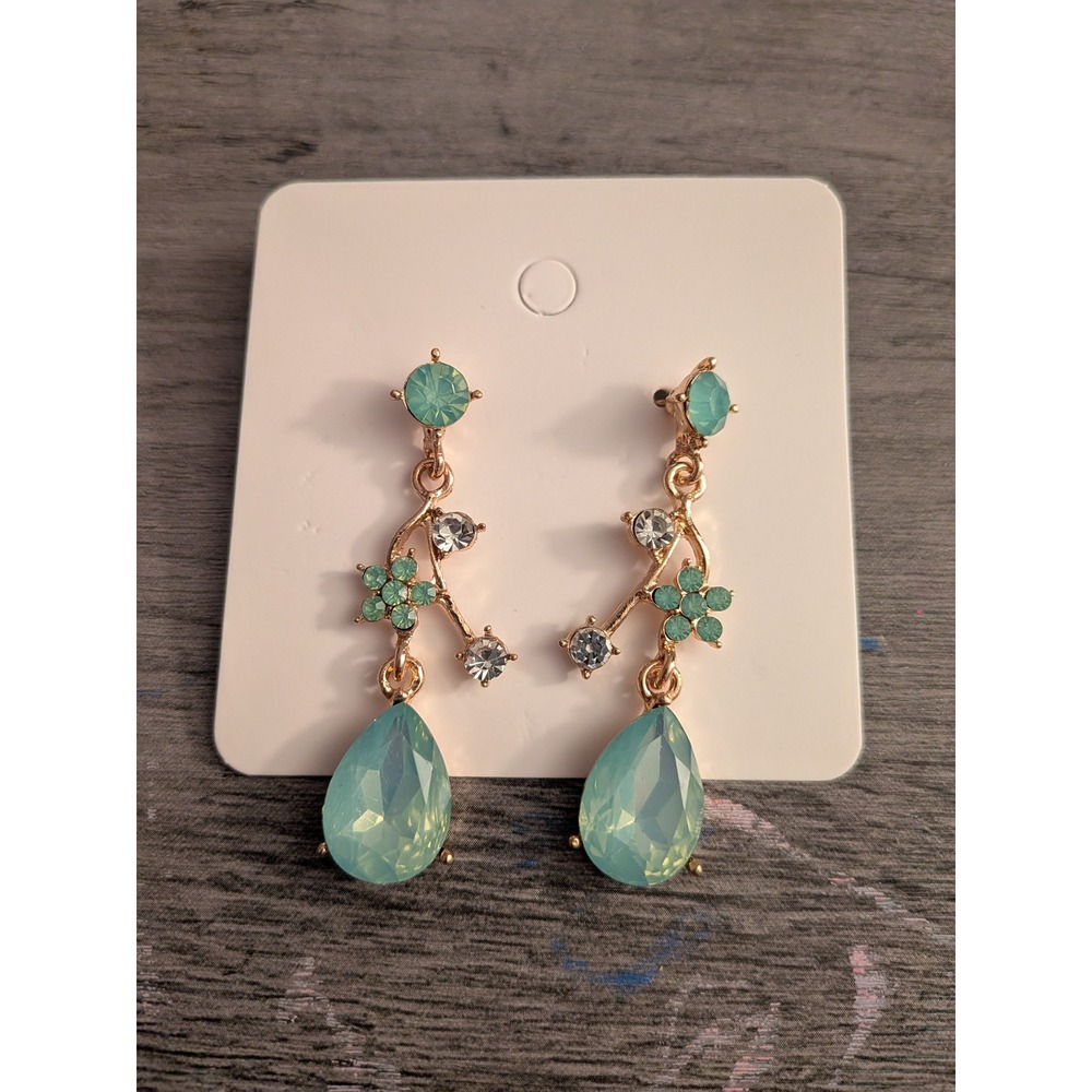 Mint Green Crystal Floral Drop Earrings Gold Tone Rhinestone Teardrop Dangle